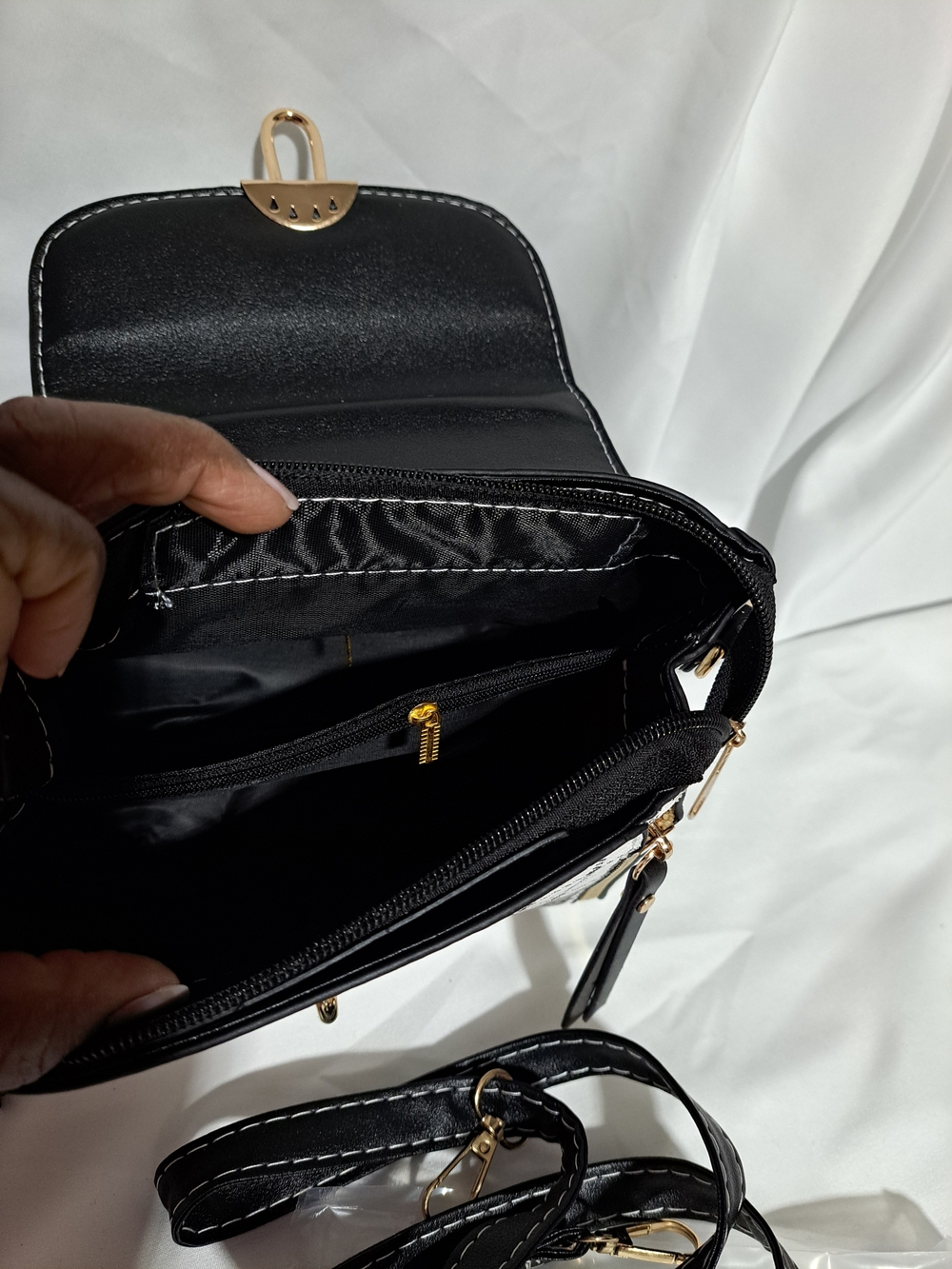 Plaid Black and White Top-Handle Satchel with Charm - Picture 6 of 16